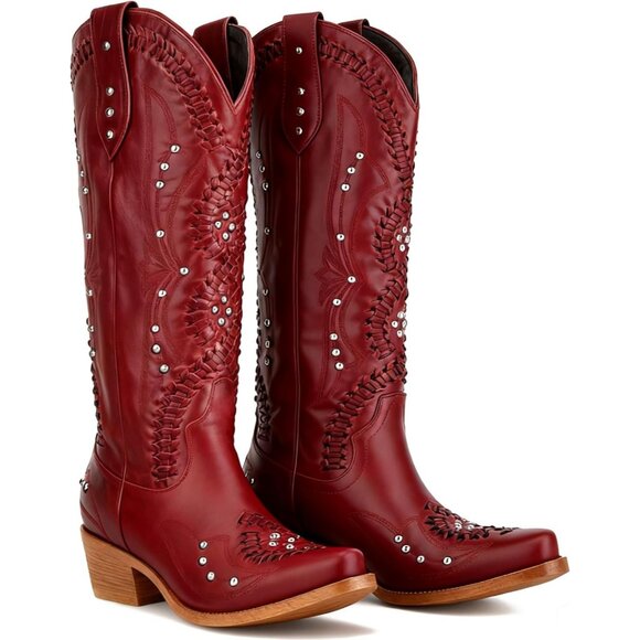 Shoes - Women's Red Leather Embroidery Knee High Western Cowgirl Boots Lightweight